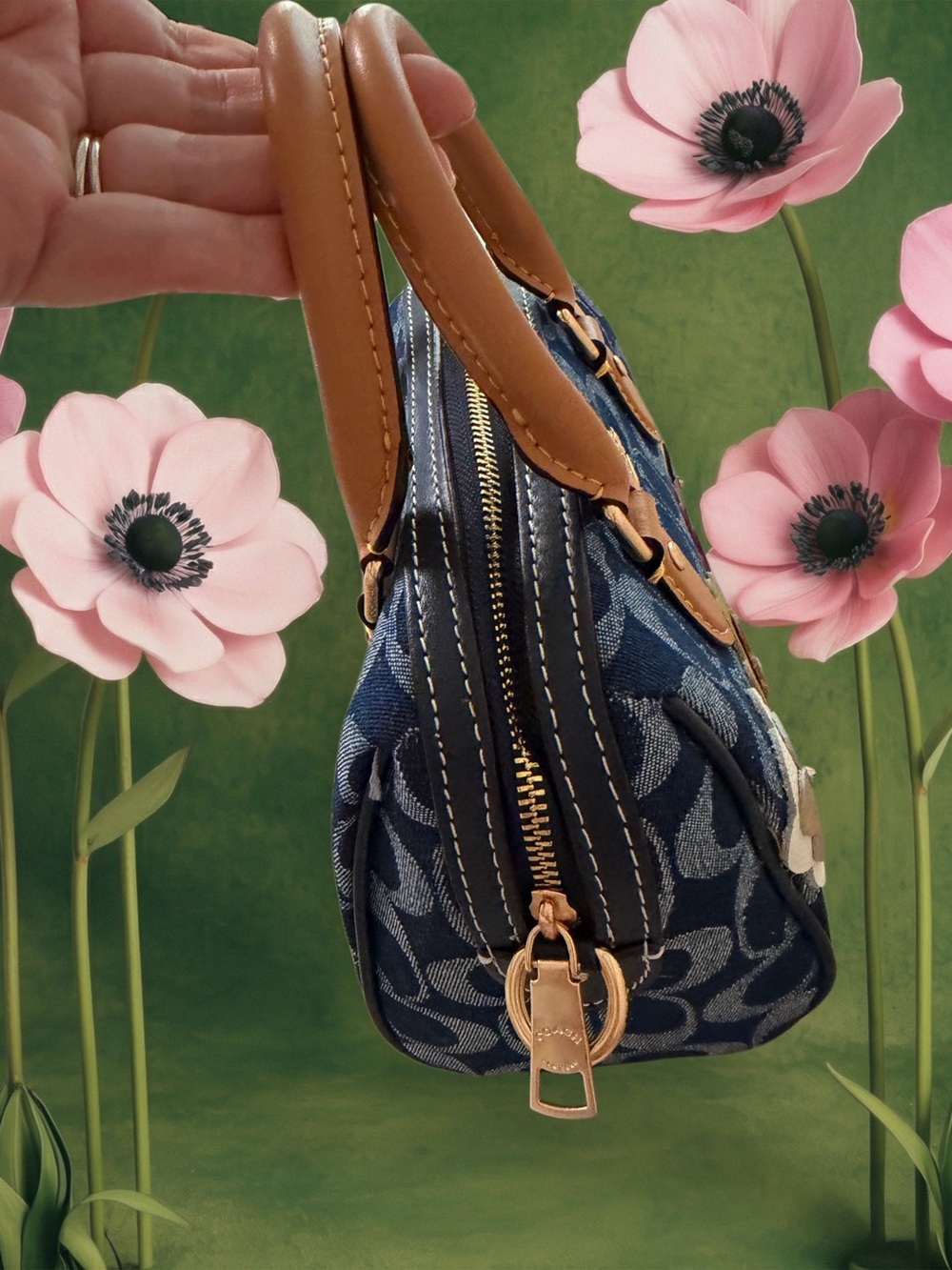 COACH Denim Signature Floral Appliqué Mini Satchel with Tan Handles - Picture 6 of 10